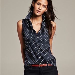 NWOT Banana Republic Navy, White Polka Dot Sleeveless Collared Tank Top, Size 10